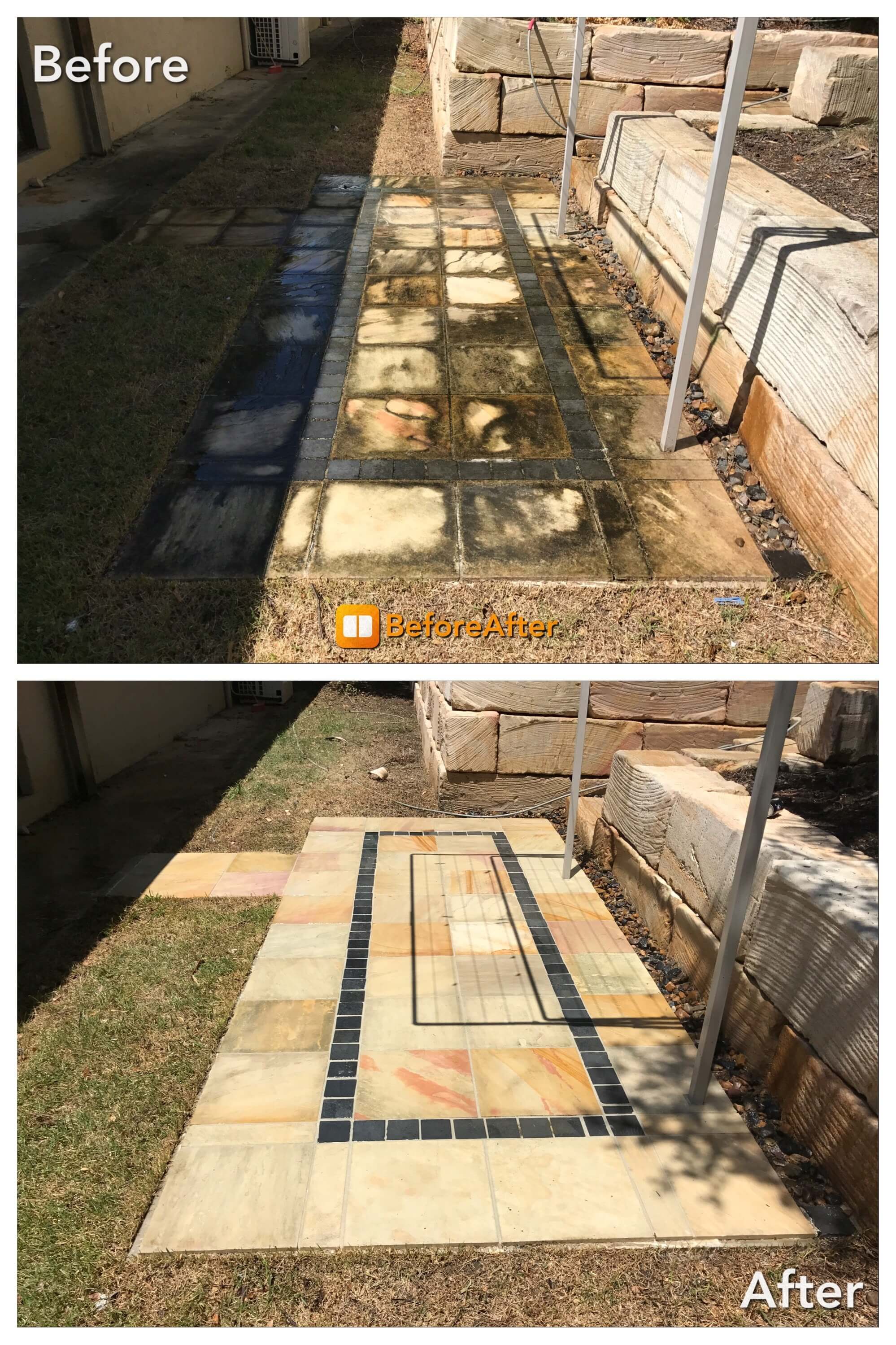 Before and after professionally cleaning patio tiles
