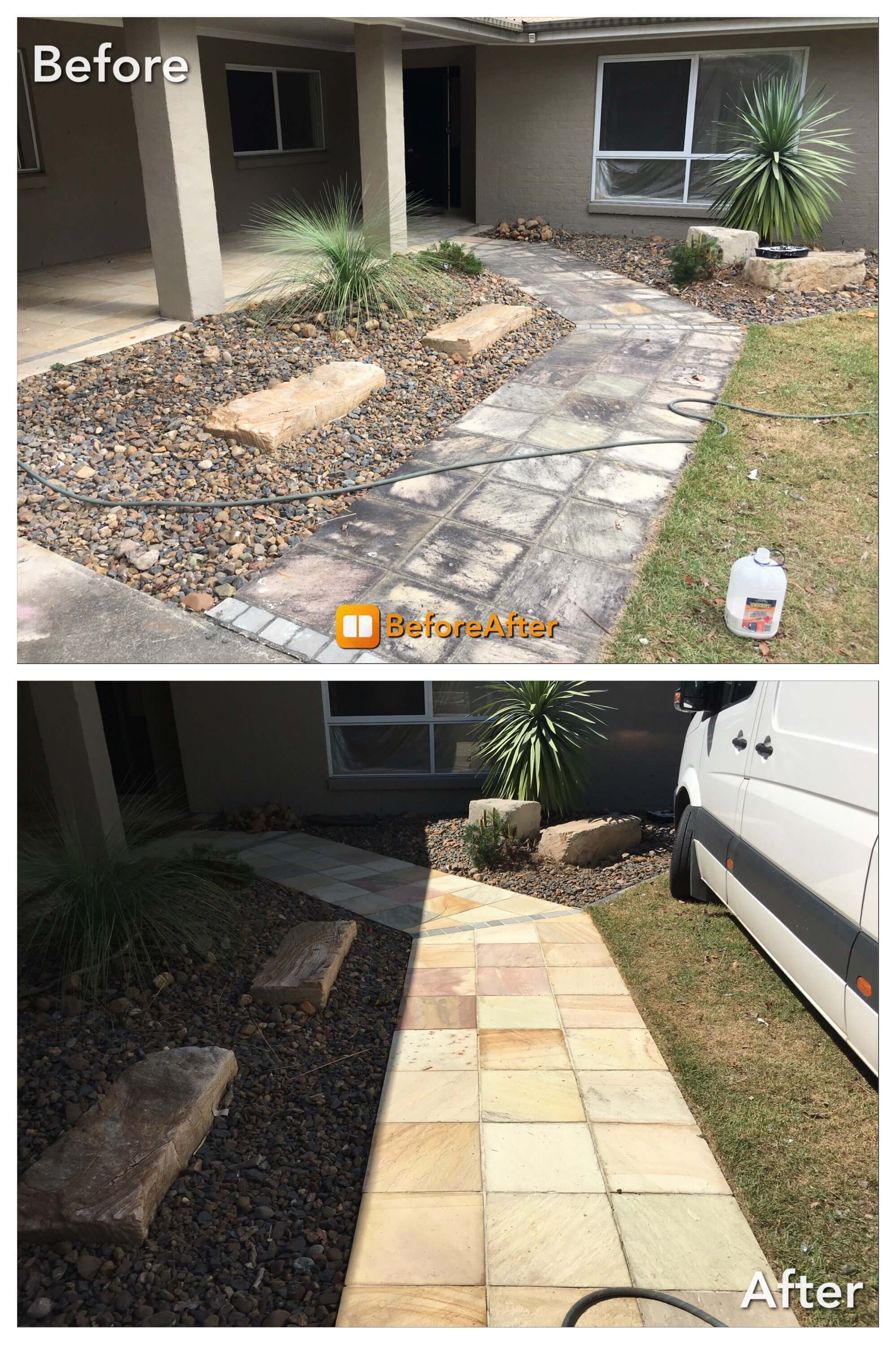 Before and after professionally cleaning a pathway