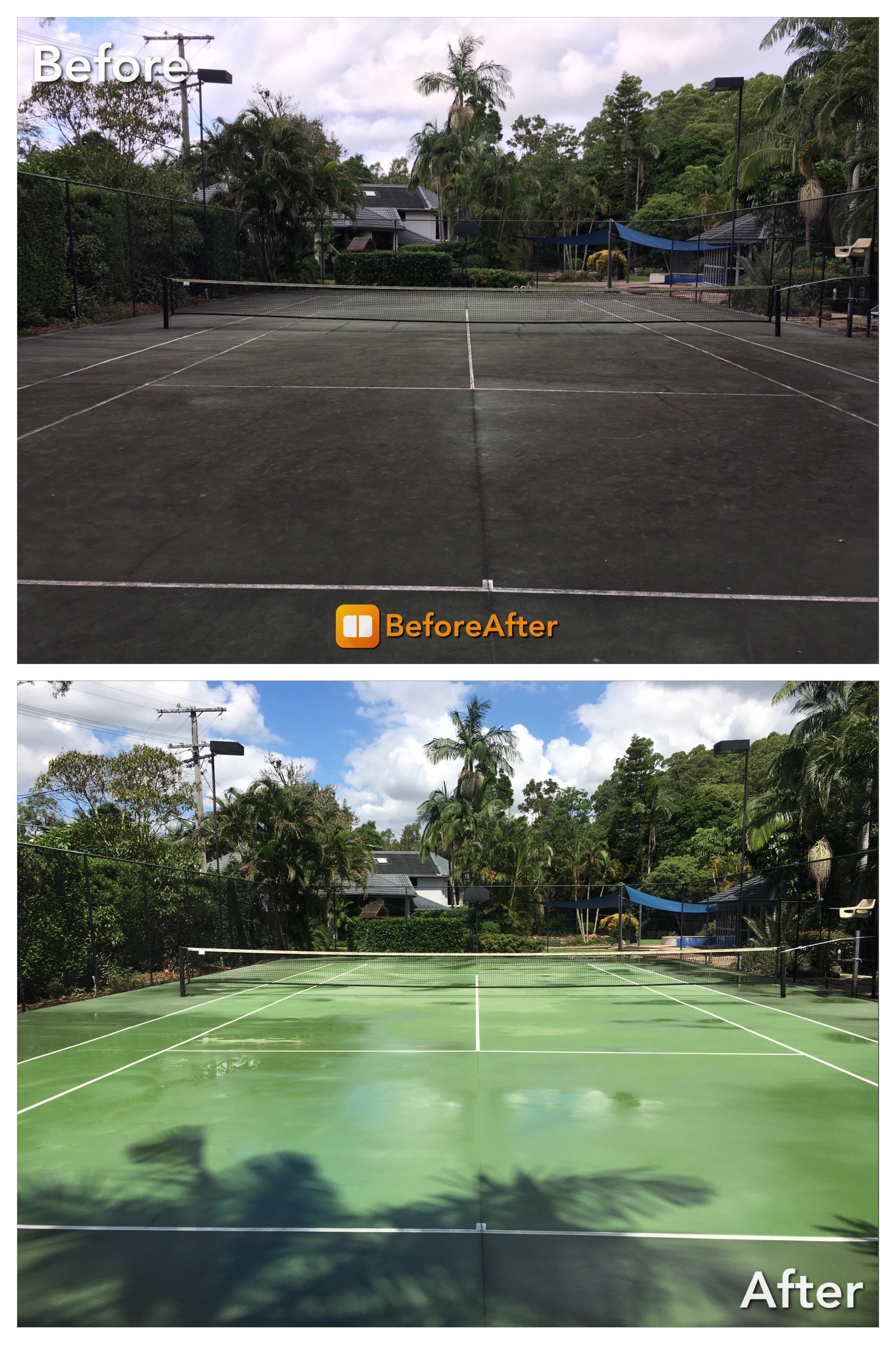 Before and after professionally cleaning a tennis court