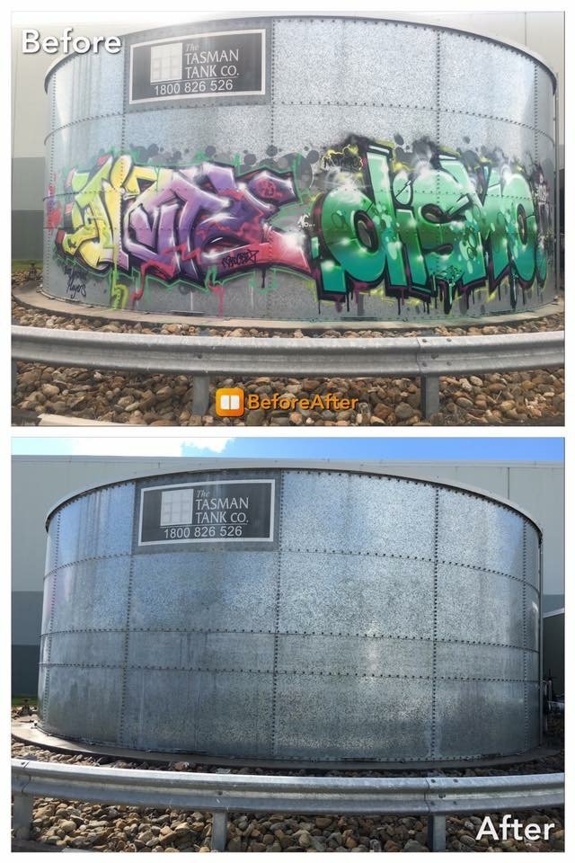 Before after graffiti removal on a tank