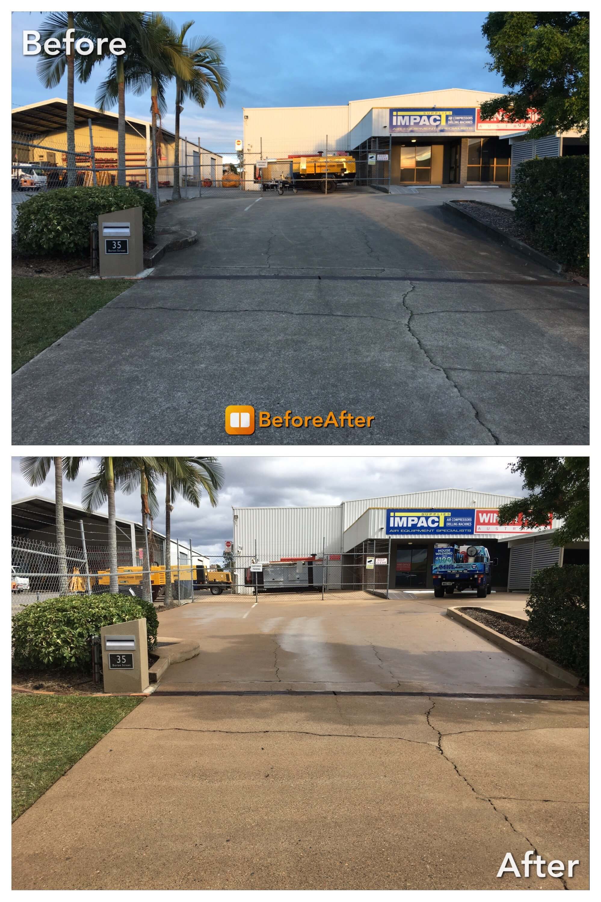 Before and after a driveway clean for a Brisbane business
