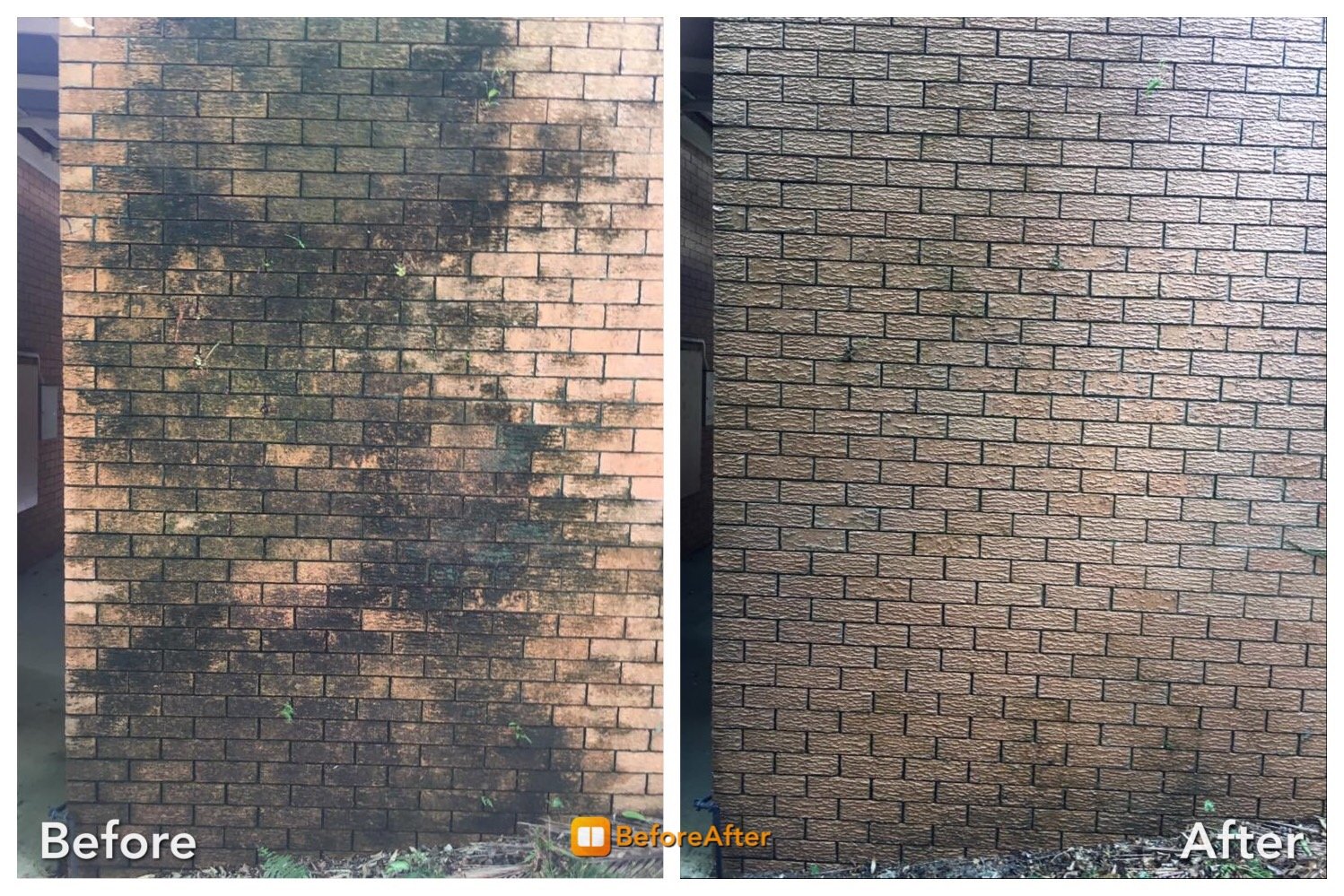 Before and after cleaning a brick wall