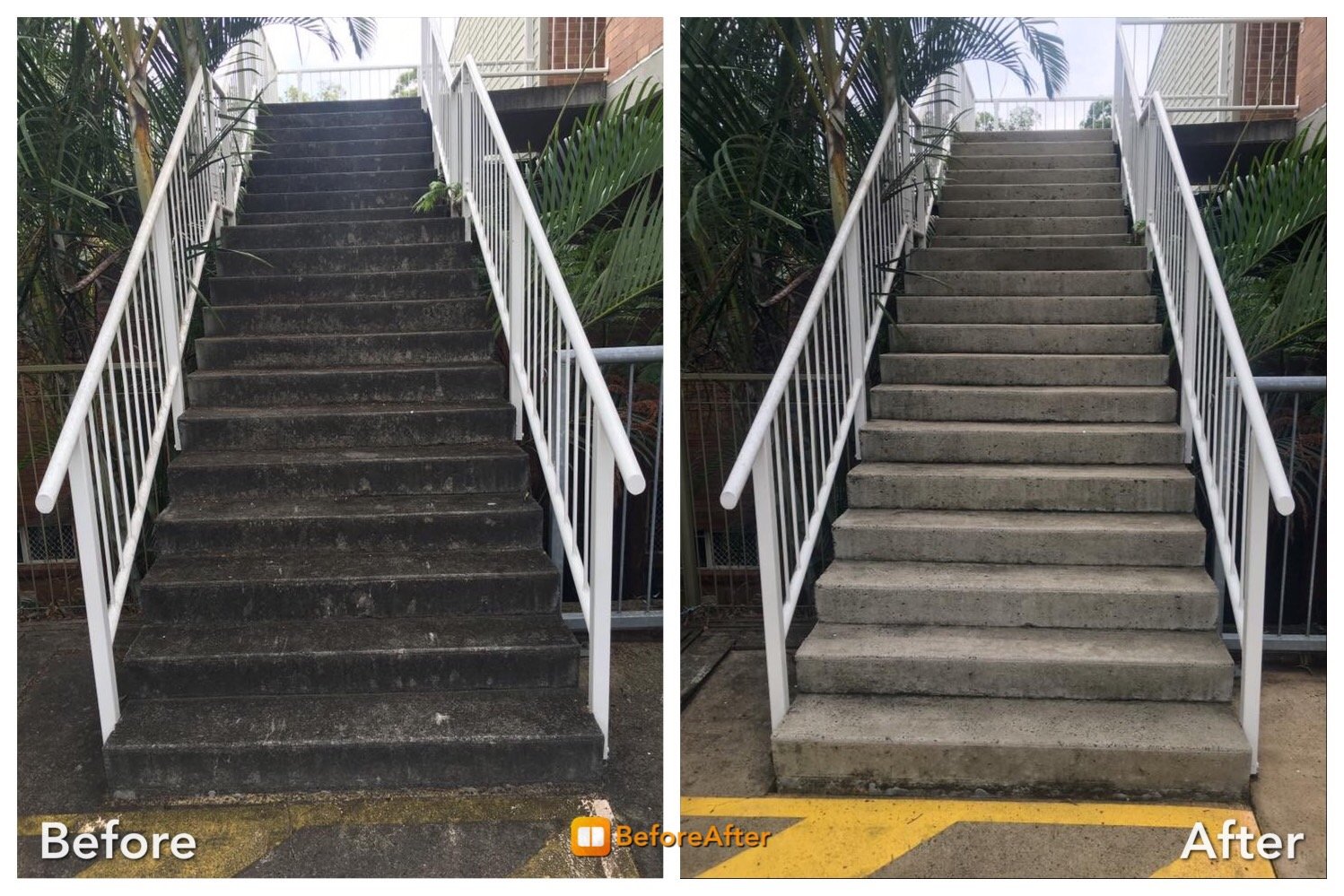 Before and after cleaning some concrete steps