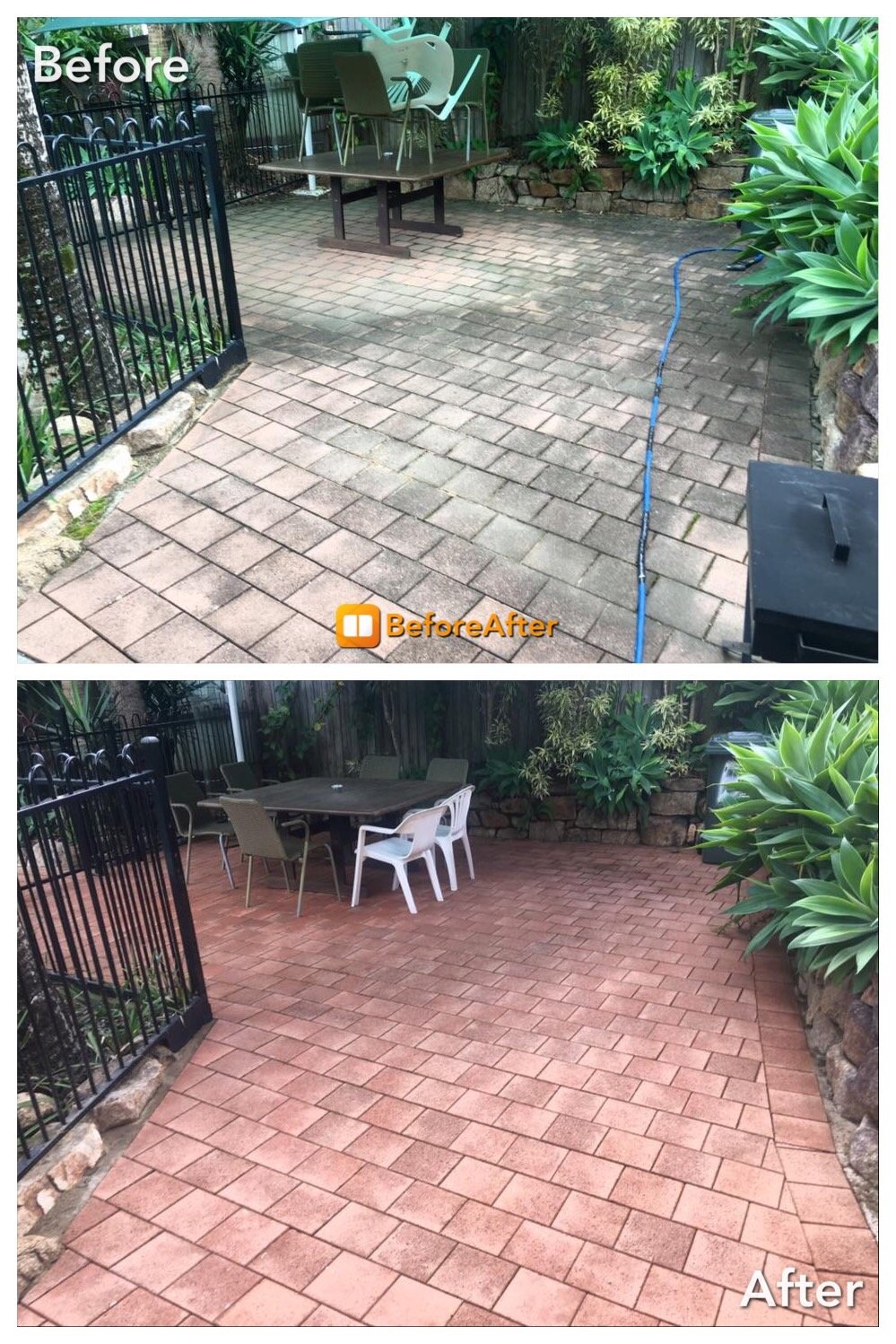Before and after professionally cleaning a patio area in a Brisbane garden