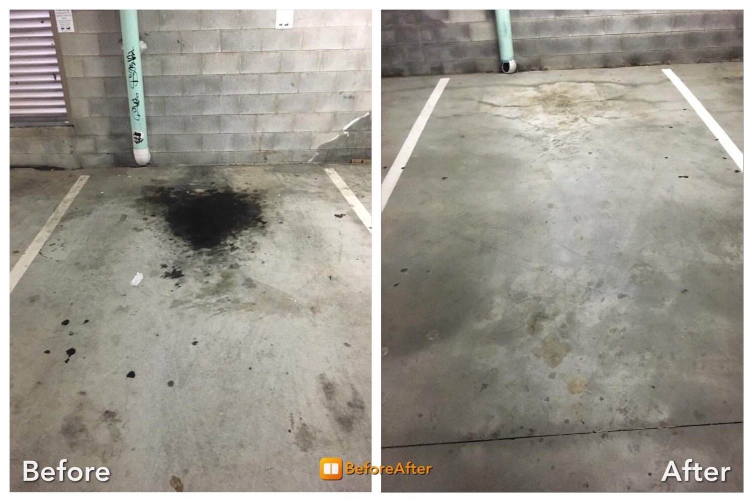 Before and after professionally cleaning a car park