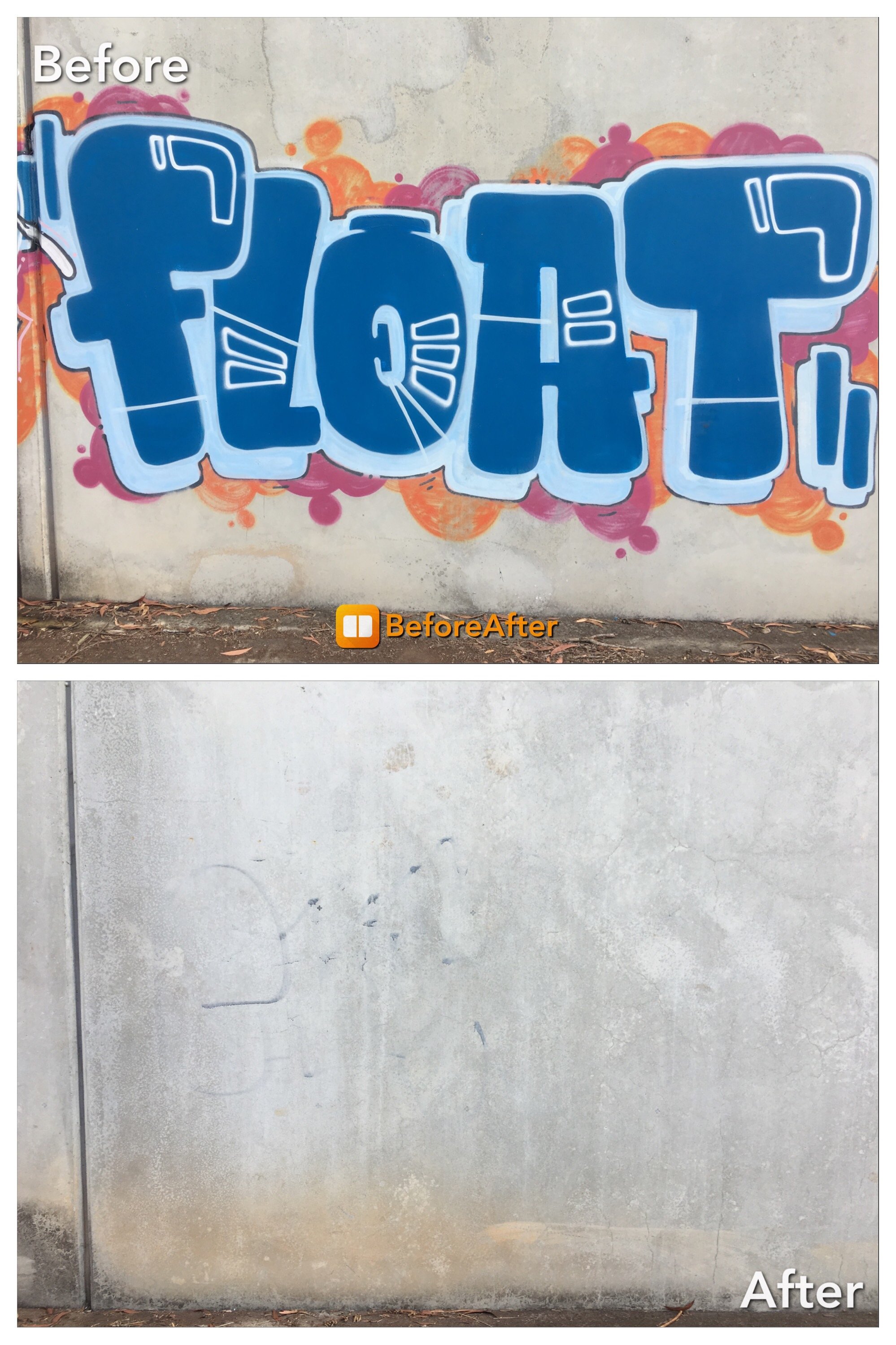 Before and after of a wall that's had professional graffiti removal
