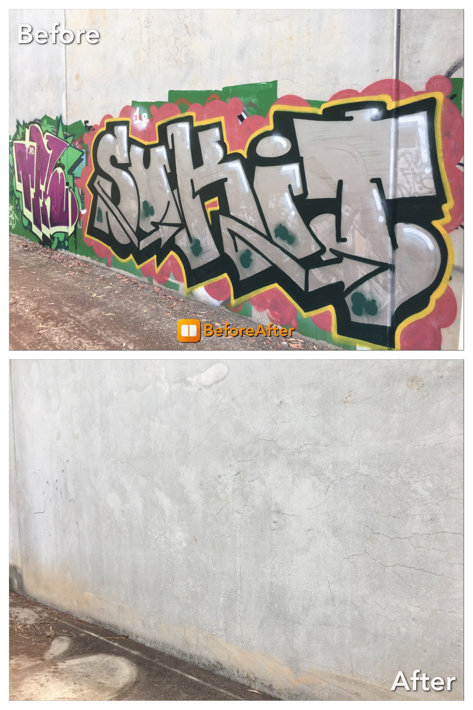 Before and after graffiti cleaning on a wall