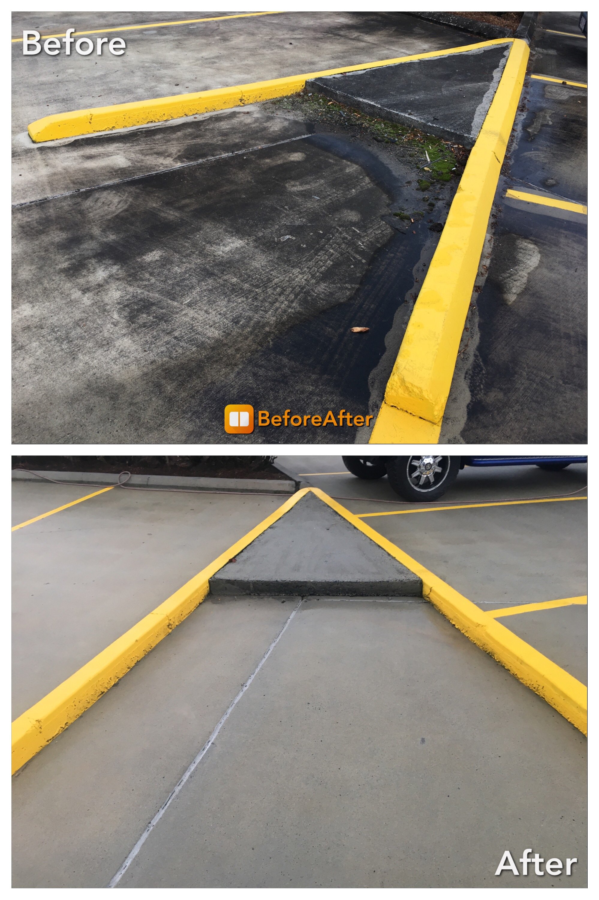 Close up of an area of a car park before and after professional cleaning