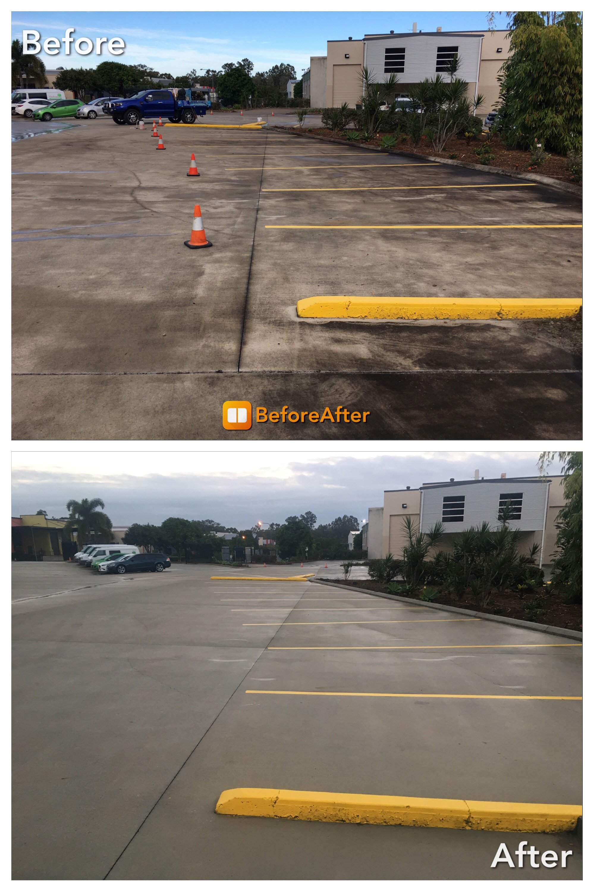 Large car park before and after professional cleaning