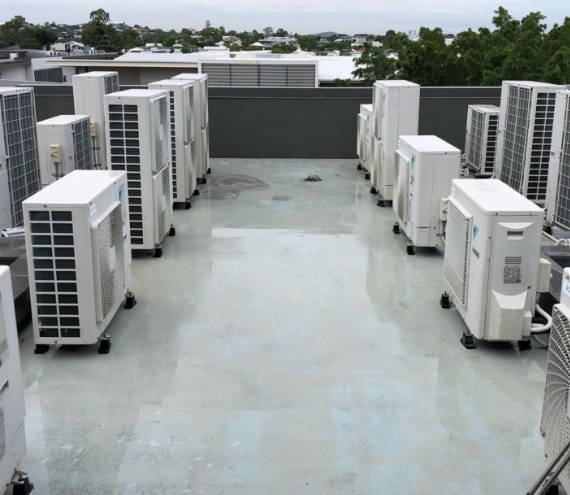 Wet roof, featuring air conditioning units.