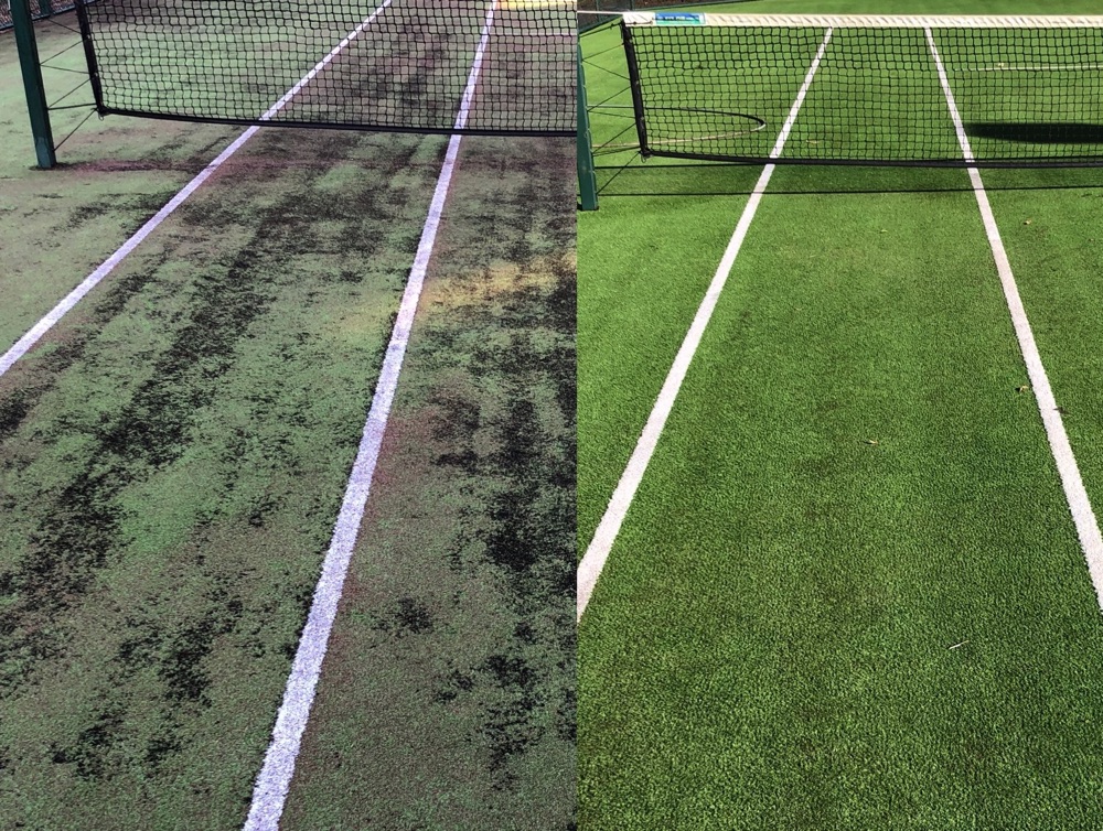 Tennis court cleaning before and after photo